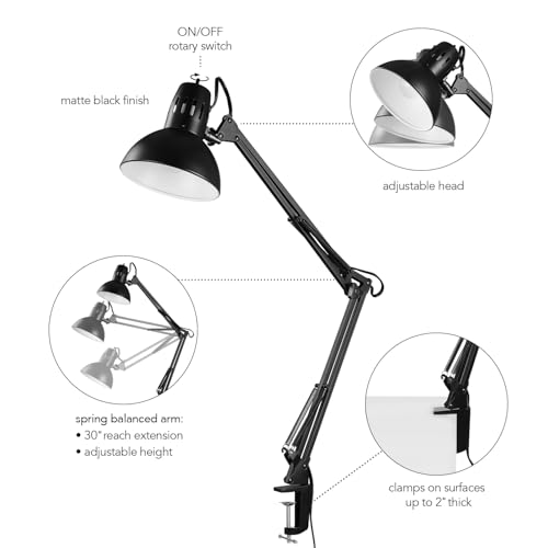 Globe Electric 56963 31.5" Multi-Joint Desk Lamp with Metal Clamp, Black, On/Off Rotary Switch on Shade, Partially Adjustable Swing Arm, Home Essentials, Reading Light, Office Décor