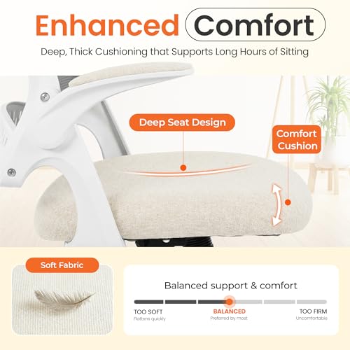 NEO CHAIR Office Chair Computer Desk Chair Ergonomic Gaming Comfy Mesh with Flip-up Arms Lumbar Support Adjustable Height Rolling Wheels for Home Office (Ivory)
