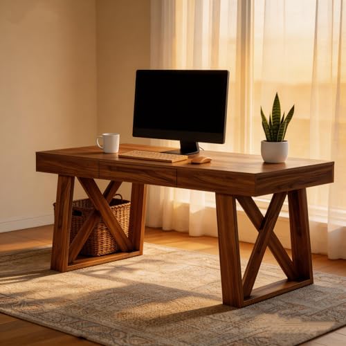 Tribesigns 55 Inch Walnut Computer Desk with Drawer, Mid-Century Farmhouse Executive Desk, Rustic Wide Desktop Home Office Desk for Workstation