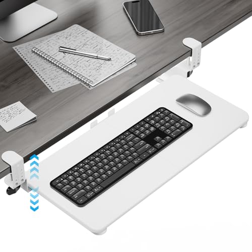 Keyboard Tray Under Desk, Pull Out Keyboard & Mouse Tray with Adjustable C-clamp, 25.6(31.5 Including Clamps) x 11.8 Inch Slide Out Computer Keyboard Drawer Mouse Tray for Typing,White