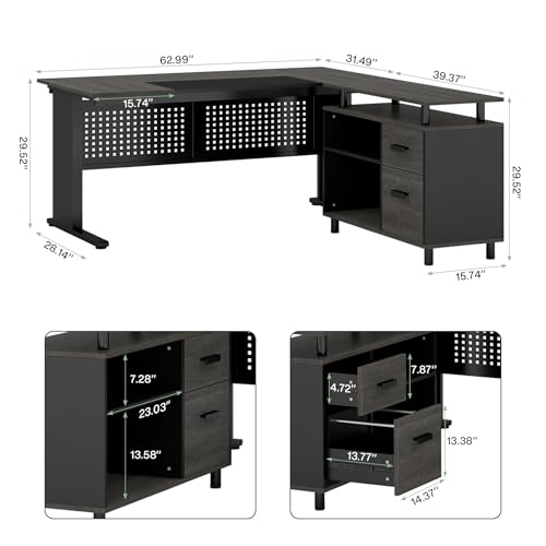 Tribesigns 63 Inch Executive Desk with File Cabinet, L Shaped Office Desk with Drawers and Storage Shelves, Business Furniture Set Workstation for Home Office, Gray and Black
