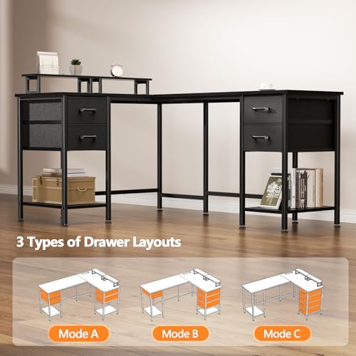 Korfile 59 inch L Shaped Computer Desk with Power Outlets, Home Office Desk with 4 Adjustable Storage Drawers & 2 Monitor Stands, Two Person Gaming Table for Bedroom, Black
