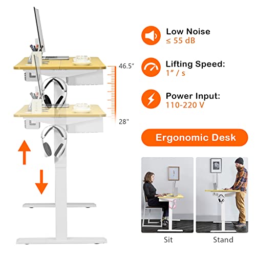 Tangkula Electric Height Adjustable Standing Desk w/USB Port, 48-Inch Sit to Stand Computer Workstation, Ergonomic Stand up Desk w/Cable Holes, Hook, Storage Compartment, Memory Controller