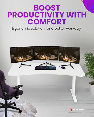 Arozzi Arena Large Gamer Desk - 63x32” Adjustable Height PC Gaming Desk with Storage for Cables & Triple-Monitor Support - Full-Surface Washable Mousepad - Pure White
