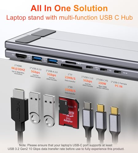 Mukiya USB C Laptop Docking Station Stand, Dock Tablet Stand, 8 in 1 USB C Hub with 4K HDMI, 2 USB 3.0, PD 100W, Universal Computer Holder Dock Station for MacBook Pro/Air/Dell/HP/Surface/Lenovo