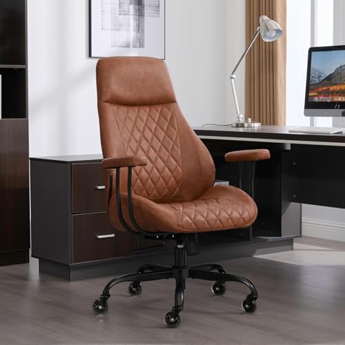 E-Motie Office Chair with Rubber Wheels, Ergonomic Computer Chair 500 lbs, Leather Desk Chair with Lumbar Support, Executive Chair Adjustable Height & Recline, Brown