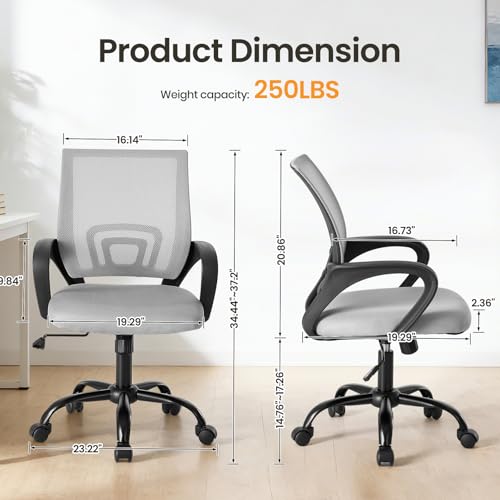 OLIXIS Office Desk Chair - Ergonomic Mid Back with Lumbar Support & Rocking Mode, Height Adjustable with Fixed Armrest, for Home, Computer, Gaming, Conference, Meeting Room, 360° Swivel, Grey, 2 Pack