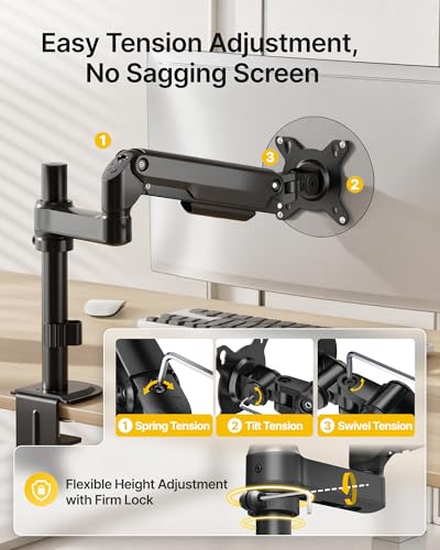 monTEK Tall Single Monitor Arm, Heavy Duty Adjustable Desk Mount for 17–32" Screens, Holds 19.8 lbs, 21 in Max Height, Full Motion Swivel & Tilt, VESA 75/100mm