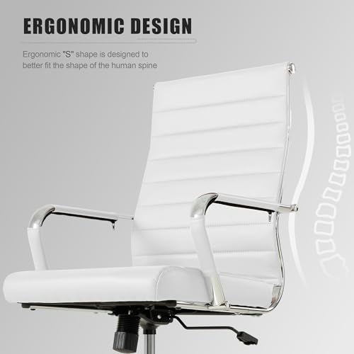 Okeysen White Office Desk Chair, Ergonomic Leather Modern Conference Room Chairs, Executive Ribbed Height Adjustable Swivel Rolling Chair for Home Office.