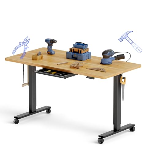 FLEXISPOT Electric Adjustable Workbench, 55x28 Inches Ergonomic Worktable with Drawer and Wheels for Garage, Workshop and Office, Spacious Desktop for Woodworking and Crafts, Maple, 4 Packages