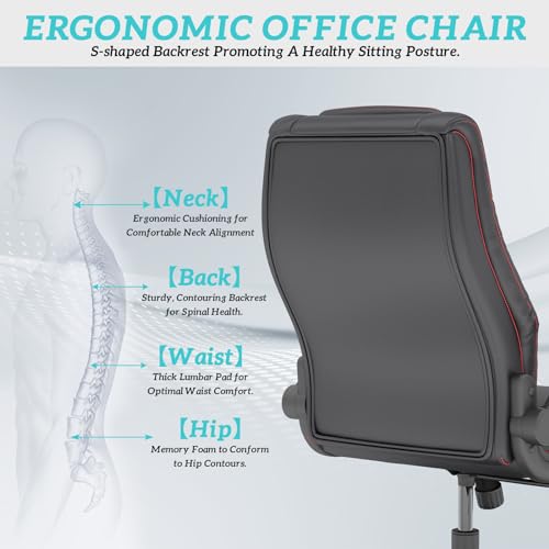 GYI Office Chair, Ergonomic Computer Desk Chair, Leather Executive Office Chair with High Back, Lumbar Support, Flip-up Arms, Wide and Thick Padded Seat, Heavy Duty Base, Rubber Wheels, Black