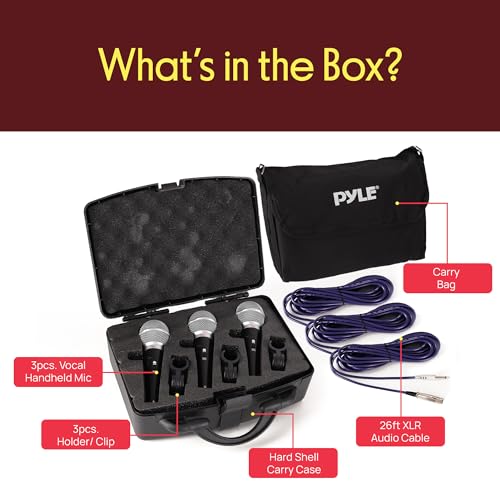 Pyle 3 Piece Professional Dynamic Microphone Kit Cardioid Unidirectional Vocal Handheld MIC with Hard Carry Case & Bag, Holder/Clip & 26ft XLR Audio Cable to 1/4'' Audio Connection (PDMICKT34),Black