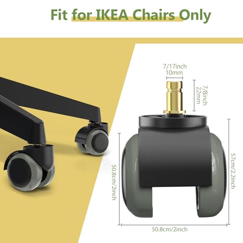 PChero Office Chair Wheels Replacement for IKEA Chairs, 10mm Stem (Set of 5), 2" Heavy Duty Swivel Polyurethane Casters for IKEA Chair Furniture Accessories, Protection for Hardwood Floors Carpet