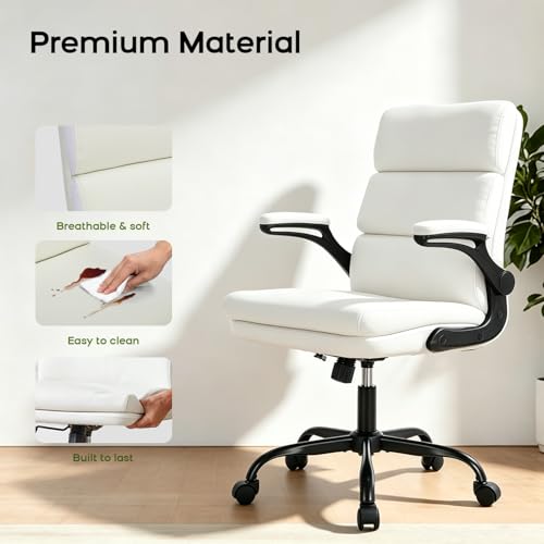 Office Chair Adjustable Desk Chair Mid Back Executive Comfortable Bonded Leather Ergonomic Back Support Home Computer Chair with Padded Flip-up Armrest Swivel Wheels (White)