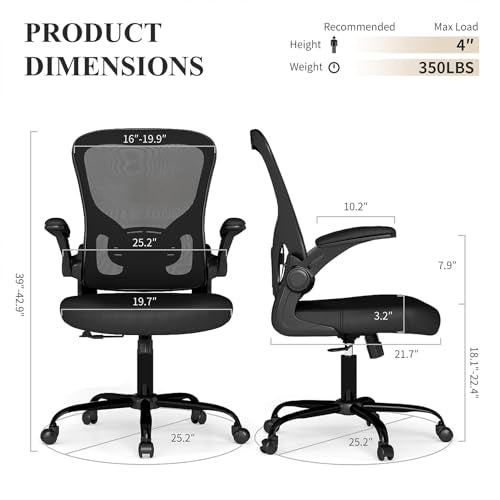 Flysky Mesh Office Chair, Ergonomic Computer Desk Chairs for Home Office - with Comfy/Comfortable Flip-up Arm Rests, Lumbar Support, Height Adjustable, 360 Degree Rolling Swivel (Black)