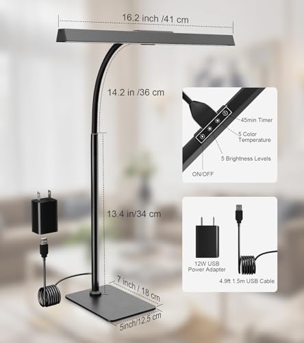 Kaulsoue Desk Lamp for Home Office with Base, Eye-Caring Desk Light with Adjustable Gooseneck, 12W USB Adapter Touch Control 5 Dimmable Brightness & Color Tall Lamp for Work, Computer, Study, Task