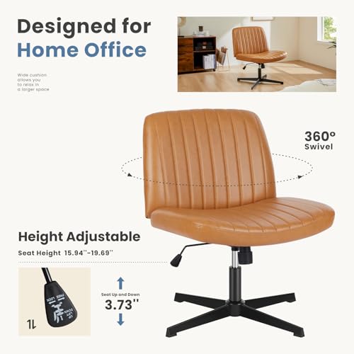 DUMOS Criss Cross Chair No Wheels, Wide Seat Cross Legged Office Desk Vanity Chair, Faux Leather Armless Height Adjustable Swivel Task Computer Chairs for Home, Study, Brown PU