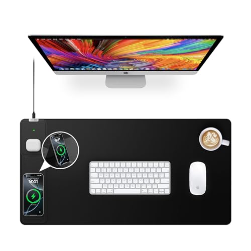 Wireless Charging Mouse Pad with Foldable Phone Holder, 31.5"x15.8" Large Desk Mat for Laptop/Keyboard, Waterproof Ultra-Smooth Surface, Non-Slip Base, Black