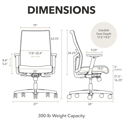 HON Ignition 2.0 Mid‑Back Ergonomic Office Chair, Mesh Task Desk Chair with Lumbar Support, Standard Synchro‑Tilt, Height and Width Adjustable Arms, Black Frame, Black