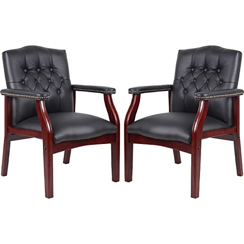 Black Leather Office Chairs Set of 2 -Ergonomic Executive Guest Chairs for Reception, Multi-Scene Use (Waiting Room, Meeting, Conference, Lobby, Conference, Church) High Back No Wheels with Arm Design