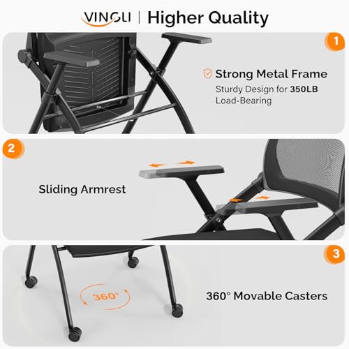 VINGLI 10 Pack Stackable Conference Room Chairs with Wheels, Folding Office Chair with Rebound Back, Padded Seat for Training Room, Guest, Reception, Event, Capacity 350lbs, Black