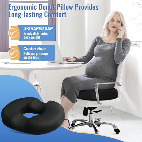 Donut Pillow Stadium Seat Cushion for Tailbone Pain Relief and Hemorrhoids, Memory Foam Seat Chair Cushion for Postpartum Pregnancy, Portable Seat Cushions for Bleachers, Car, Home & Office, Black