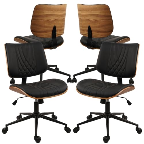 CLATINA Armless Home Office Chair, Desk Chair with Wheels, Adjustable Height Reading Chair, Leather Mid Back & Swivel Computer, Modern Walnut Chairs with Back for Study Meeting Room(Black) 4Pack