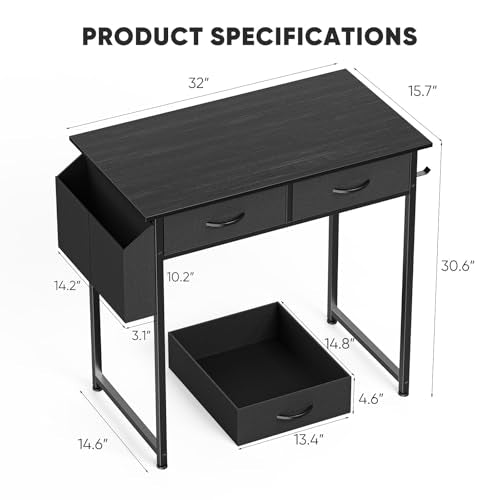 DUMOS 32" Home Office Computer Desk with Drawers, Small Gaming Writing Study Table with Storage Side Bag, Headphone Hook and Adjustable Feet for Bedroom Black