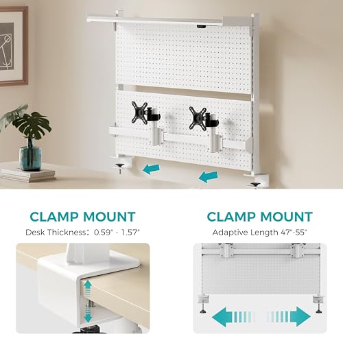 EUREKA ERGONOMIC Desk Pegboard with Dual Monitor Stands, LED Metal Pegboard for Gaming Desk, Privacy Panel with 4 Accessories Modular Hanging, Computer Accessories for Office, 43 x 34 Inch, White