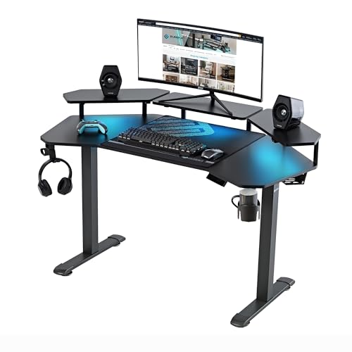EUREKA ERGONOMIC Aero 55 Inch W Shaped Electric Standing Desk, Height Adjustable Computer Gaming Desk with LED Monitor Shelf, Mouse Pad, Headphone Hook, Cup Holder, Carbon Black