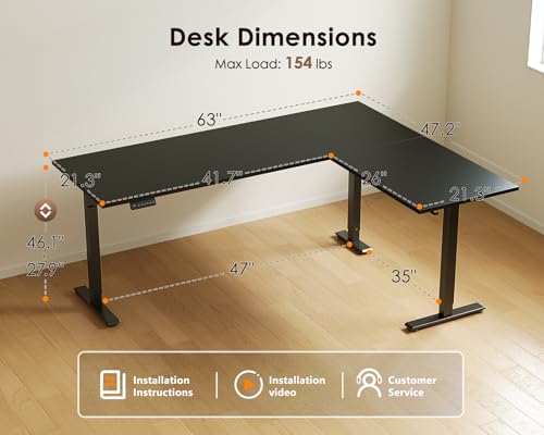 OffiGo 63 Inch Reversible L Shaped Electric Standing Desk, Height Adjustable Corner Stand up Desk, Ergonomic Large Lift Computer Table for Home, Office, Workstation, Black