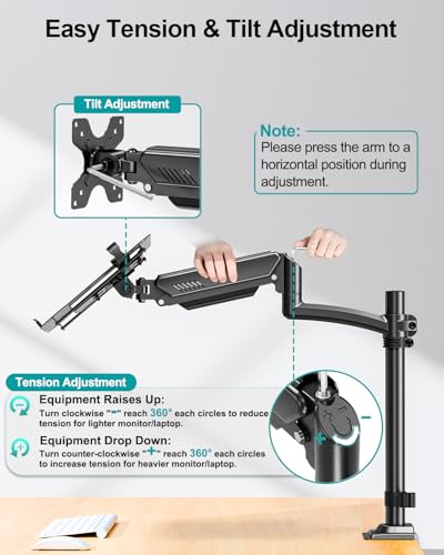 MOUNT PRO Laptop Arm Desk Mount, Single Monitor Stand with VESA Laptop Tray, Adjustable Lap Top Holder for Max 22lbs 17" Notebook & 32" Computer Screen, Swivel Notebook Bracket, Clamp on/Grommet Base