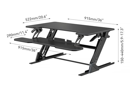 NSY Audio Standing Desk Converter 36 x 24 Inches - Height Adjustable Sit to Stand Riser with Keyboard Tray, Ergonomic Workstation for Home Office, Black