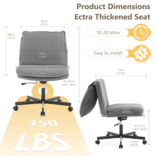 Fizzin Criss Cross Chair,Armless Cross Legged Chair with Wheels,Memory Foam Seat Office Desk Chair with Flipable Back Cushion,Mid Back Swivel Chair for Home Office,Bedroom Vanity (Grey)