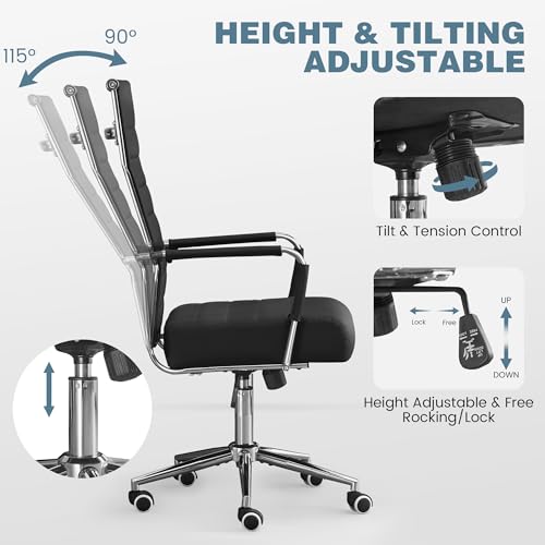 Office Desk Chair, Leather Conference Room Chairs with High Back,Wheels and Arms, Modern Ergonomic Ribbed Height Adjustable Swivel Executive Chair for Home Office (Black)