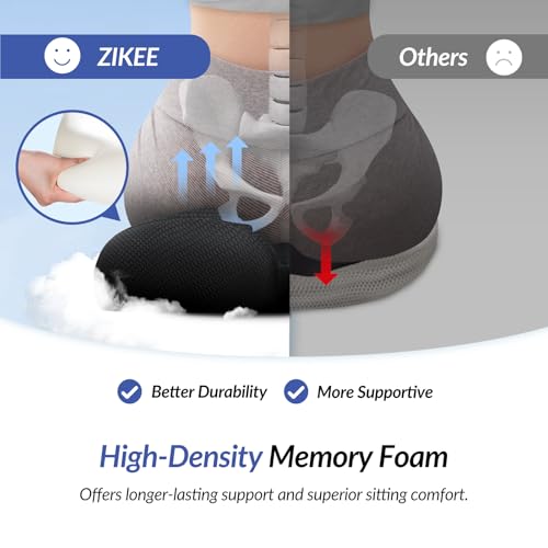 ZIKEE Ergonomic Seat Cushion with Thigh Slope for Long Sitting, Memory Foam Office Chair Cushion for Car, Home, U-Shaped Design Relieves Hip, Tailbone Pain, Non-Slip Sciatica Pain Relief Pillow
