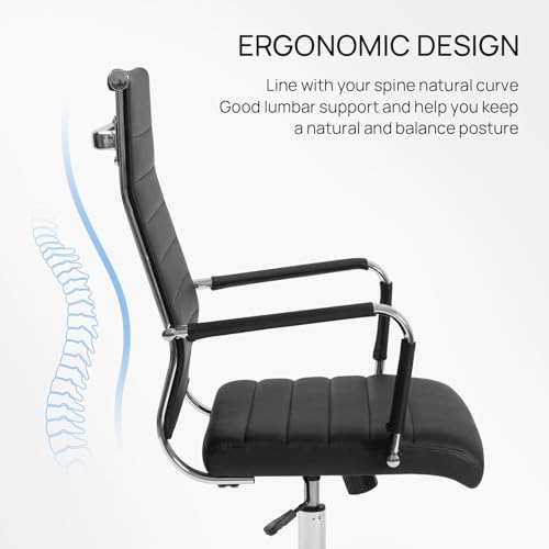 Walmokid Office Desk Chair with Wheels Set of 8, Ergonomic Black Leather Conference Room Chairs Height Adustable | Ribbed High Back | Swivel Rolling Task Chair, Black