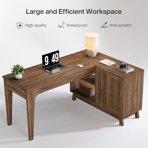 Tribesigns L-Shaped Desk with Storage Cabinet, 57-Inch Wood Corner Workstation, Home Office Computer Desk, Study Writing Table for Bedroom, Walnut