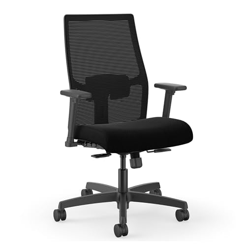 HON Ignition 2.0 Mid‑Back Ergonomic Office Chair, Mesh Task Desk Chair with Lumbar Support, Standard Synchro‑Tilt, Height and Width Adjustable Arms, Black Frame, Black