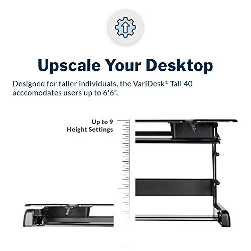 Vari Varidesk Tall 40 Standing Desk Converter for Users Up to 6'6" - Fits Dual Monitors (40" Wide) + Keyboard (28" Deep), 9 Height Settings (4¾" to 23"), Supports 35lbs – Delivers Assembled (Black)