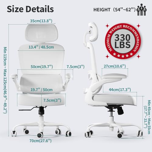 TRALT Office Chair Ergonomic Desk Chair, 330 LBS Home Mesh Office Desk Chairs with Wheels, Comfortable Gaming Chairs (White White)