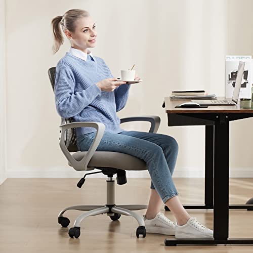 Sweetcrispy Ergonomic Mid-Back Mesh Home Office Desk Chair with Wheels, Managerial Executive Chair with Lumbar Support, and Comfortable Armrests for Home, Bedroom, Study, Office, Grey