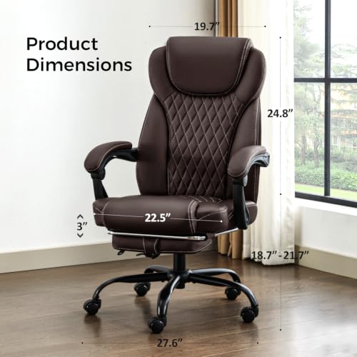 amseatec Big and Tall Office Chair with Footrest, Ergonomic Leather High Back Computer Chair Infinite Lock Reclining 90°-135°,20 Spring Packs,300lbs Executive Desk Chair for Home Office（Brown）