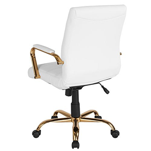 Flash Furniture Whitney Mid-Back Swivel LeatherSoft Desk Chair with Padded Seat and Armrests, Adjustable Height Padded Office Chair, White/Gold