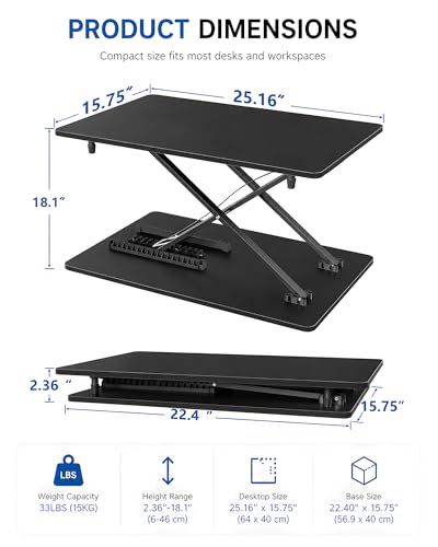 biueus Ultra-Slim Standing Desk Converter, 25.16" x 15.75" Compact Height Adjustable Desk Riser for Standing, Sit Stand Desktop Converter for Monitor or Laptop, No Assembly, Black