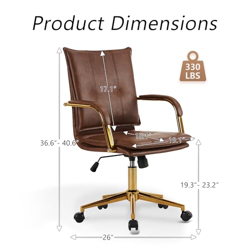 MOJAY Mid-Back Ergonomic Leather Office Desk Chair, Modern Upholstered Computer Chair, Executive Office Chair with Arms, Swivel Adjustable Rolling Chair with Gold Base (Brown)