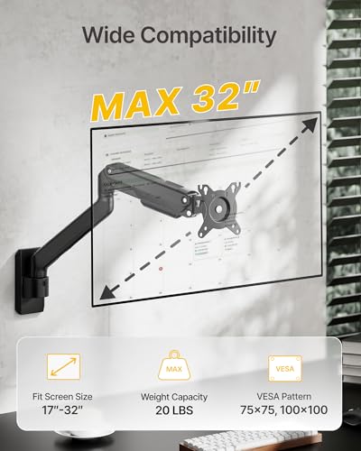 monTEK Single Monitor Wall Mount - Full Motion Wall Arm for 17–32 Inch Screens, Space Saving, Wobble-Free Mechanical Spring Holds 20 lbs, Ergonomic Height Adjustable, VESA 75x75/100x100, Black