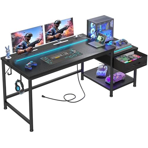 56 Inch Gaming Desk with Printer Shelf and LED Lights,Reversible Computer Desk with Drawers and Power Outlets,Study Table with Hooks for Headphone,Bags,Black Desk Work Desk for Teen Bedroom,Dorm