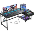 56 Inch Gaming Desk with Printer Shelf and LED Lights,Reversible Computer Desk with Drawers and Power Outlets,Study Table with Hooks for Headphone,Bags,Black Desk Work Desk for Teen Bedroom,Dorm