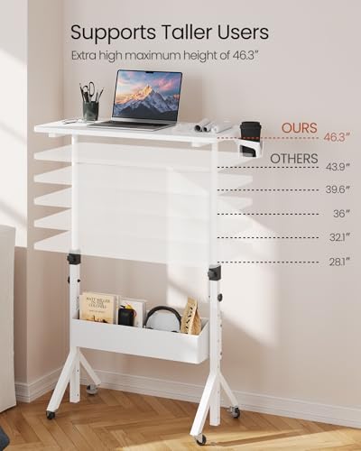 ErGear Mobile Standing Desk with Wheels, Adjustable Height 28.3″ to 46.1″, Rolling Laptop Cart with Cup Holder, Storage Basket, Computer & Pen Slot, Home Office Stand Up Desk, White (31.5″ x 15.75″)